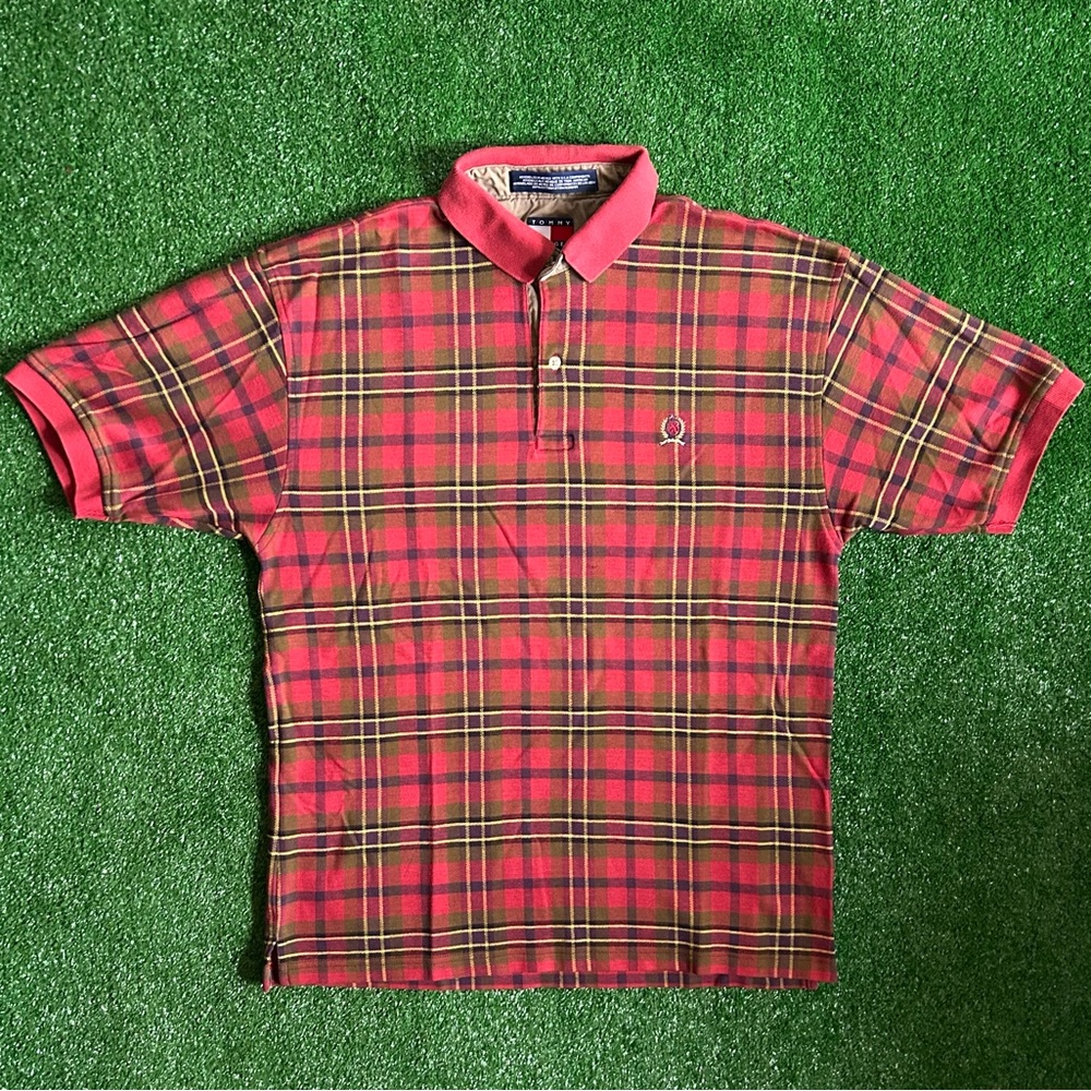 Tommy Hilfiger Red and Green Plaid Polo Shirt